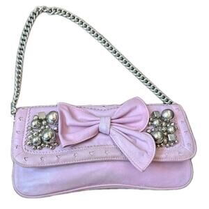 Betsey Johnson Y2K Leather Studded Baguette Purse Pink Silver Bow Chain Beaded
